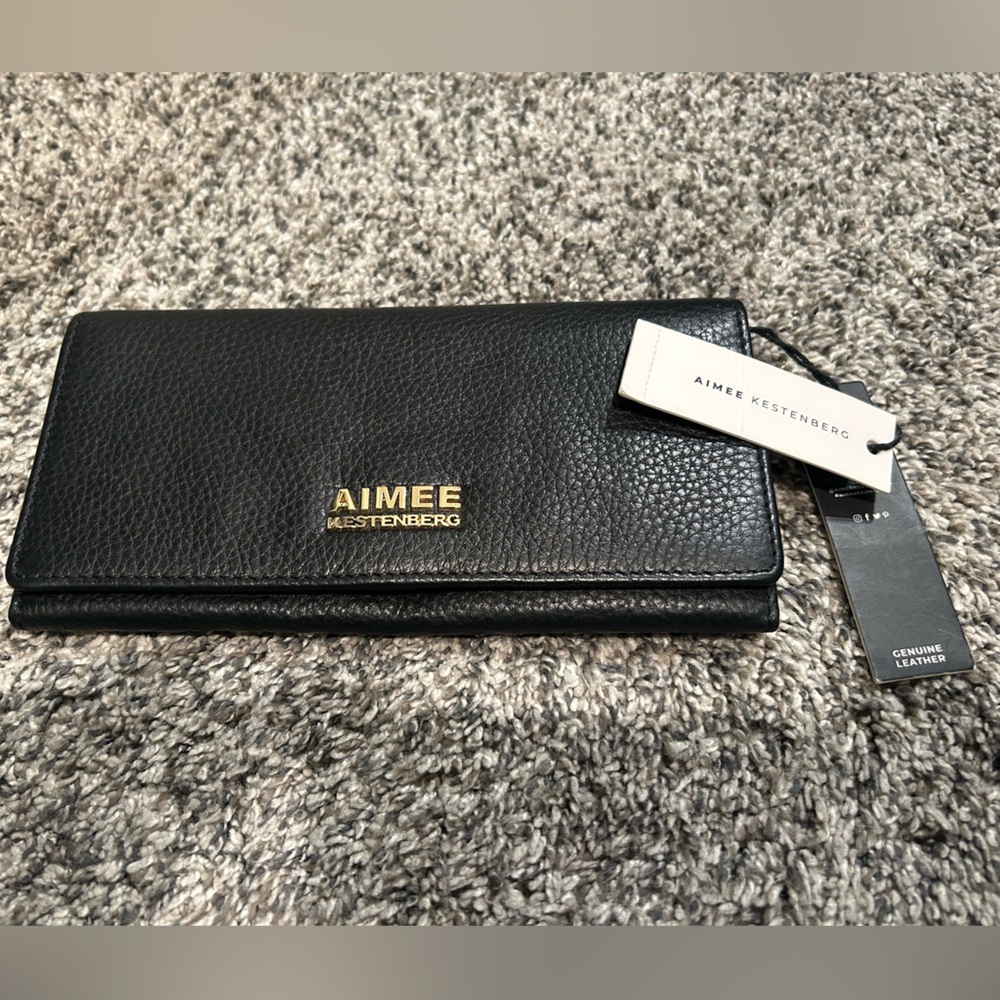 Aimee Kestenberg Sovana fold over slim wallet black leather with gold NWT